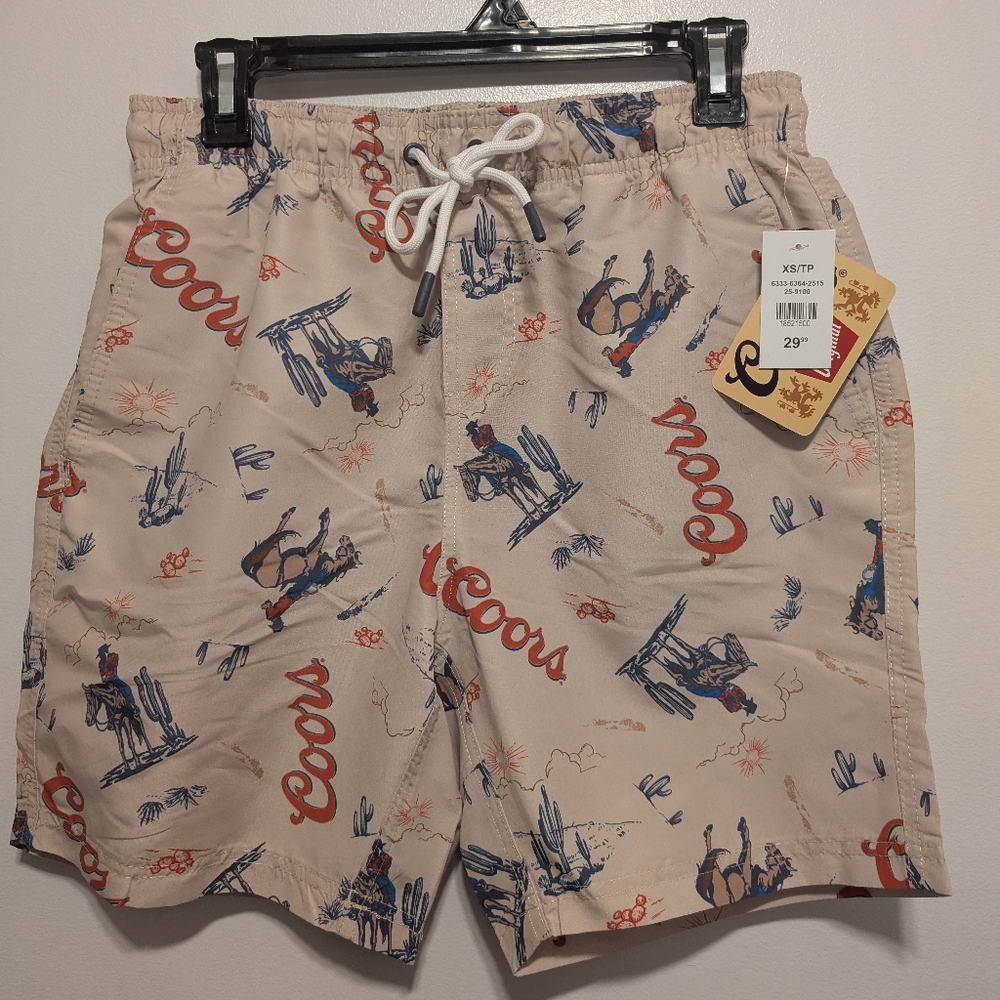 Wrangler Cream and Blue Board Shorts with Retro Surf Design Coors
